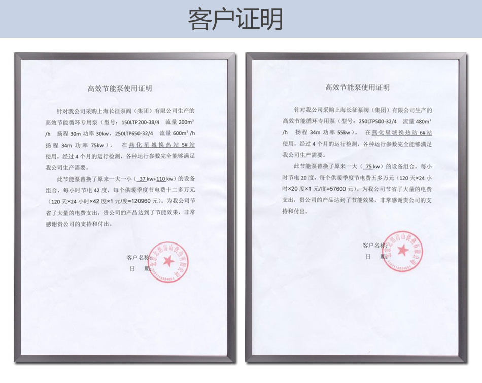水泵節能效果客戶證明